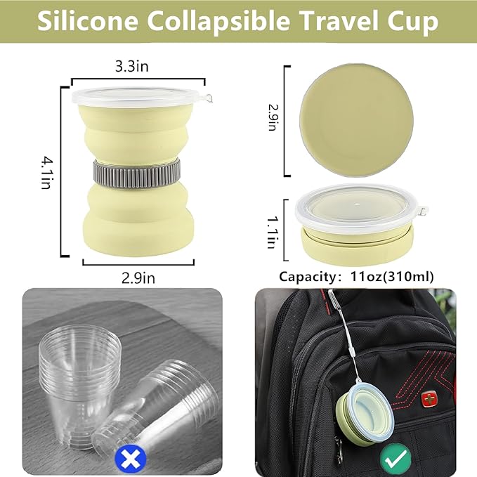 IYYI Collapsible Travel Cup, 10.5oz Foldable Cup with Lid, Silicone Folding Cups for Camping, Hiking, Outdoors, Travel, Portable Camping Cup Set (Green+Sage)