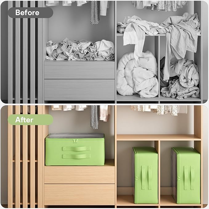 Clothes Storage Bags, Foldable Thick Fabric Blanket Storage Bags, Large Clear Window & Carry Handles, Great for Clothes, Blankets, Closets, Pillows, Toys (Green, Extra-2Pack)