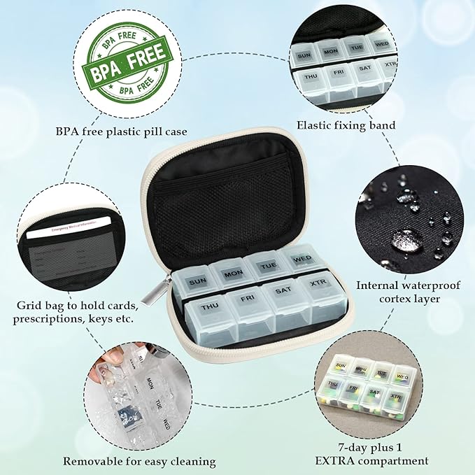 Serfeymi Weekly Travel Pill Organizer Pill Case for Purse with Removable 7 Day Pill Box, Fashionable Travel Medicine Organizer Pill Container for Medicine, Vitamin, Supplement - Bloom 02