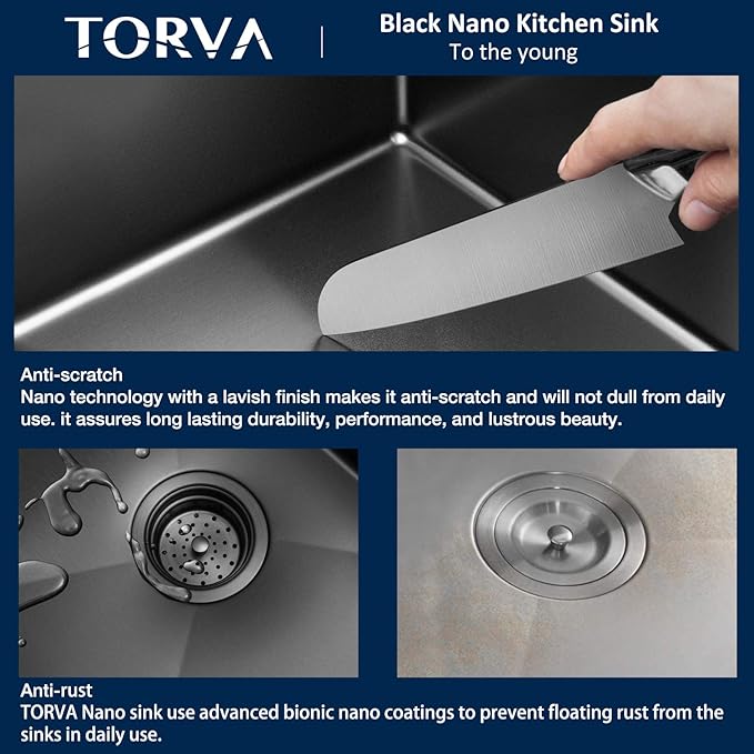 TORVA 17-Inch Gloss Black Ceramic Coating with NanoTek Undermount Kitchen Sink, PVD Coated Gunmetal Sink,16 Gauge Stainless Steel Single Bowl - 17 x 19 x 9 Inch Deep Bar/Prep Basin, Dark Gray