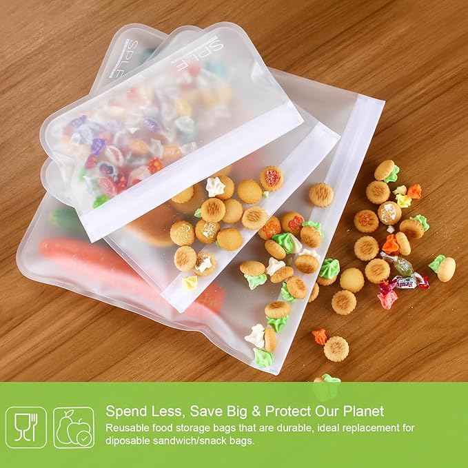 SPLF 10 Pack Dishwasher Safe Reusable Snack Bags, BPA Free Reusable Food Storage Freezer Bags Leakproof Silicone and Plastic Free Lunch Bags Fridge Home Organization