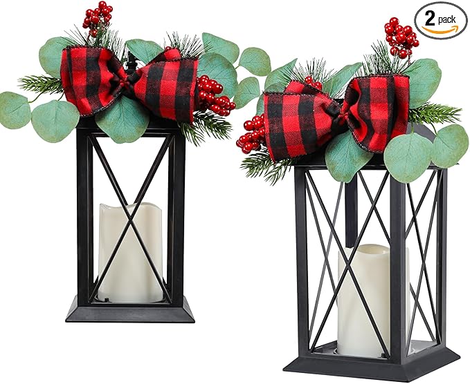 Christmas Outdoor Decor Lanterns 2 Pack, 11" Waterproof Battery Powered LED Hanging Lanterns with Flamessless Candle for Tabletop, Front Porch, Entrance, Indoor, Gift for Women