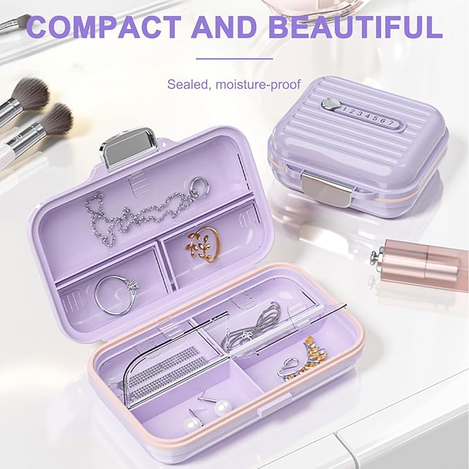Travel Pill Organizer Box with Medicine Labels, 7 Compartments Portable Pill Case, Daily Medication Organizer Storage Pill Container for Pocket Pharmacy(Purple, L)
