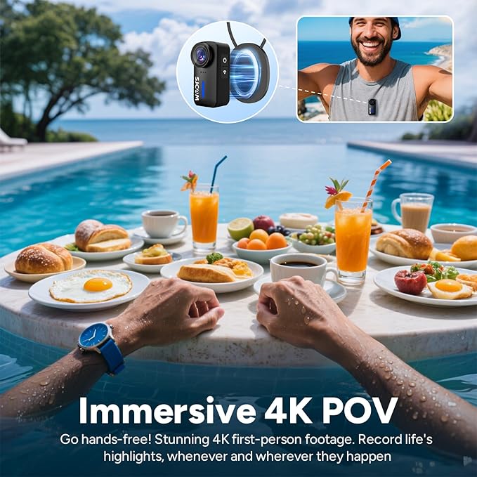 SJCAM 4K Pocket Cam, Tiny Action Camera, Mini Stabilized Body Camera & Portable POV, Waterproof, Wearable, Built-in Spkr & Mic for Vlogging, Helmet & Chest Mountable, White