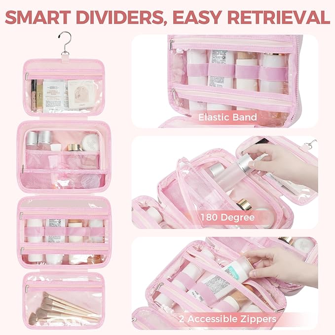 Toiletry Bag For women,Portable Hanging Organizer,4 Leakproof Compartment for full-sized Conditioner, Brushes Set, Makeup Accessories,Visible and easy to access.L-pink