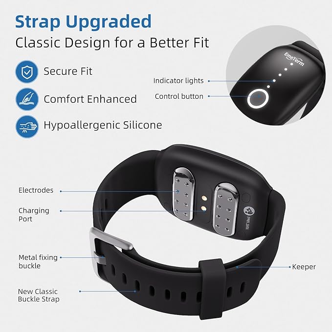 EmeTerm Fashion FDA Cleared Relieve Nausea Electrode Stimulator Morning Sickness Motion Travel Sickness Vomit Relief Rechargeable No Gel Drug Free Wrist Bands Without Side Effects (Jet Black)