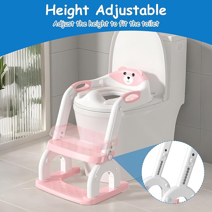 Potty Training Seat for Toddlers - Upgrade 2-in-1 Toilet Seat Toilet Ladder for Kids Children Boys Girls, Anti-Slip Pad & Adjustable Height with Waterproof PVC Cushion - Pink