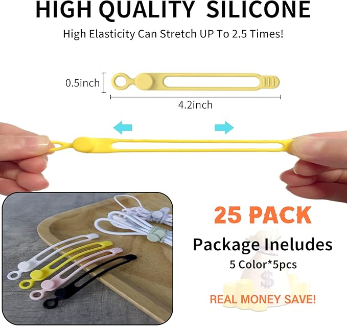 [25Park]UMUST Silicone Cable Ties,Reusable Cable Management Organizer,Cable Straps,Cord Ties,Multipurpose Elastic Cord Organizer for Bundling and Fastening Cable Cords Wires(Multi -colored)