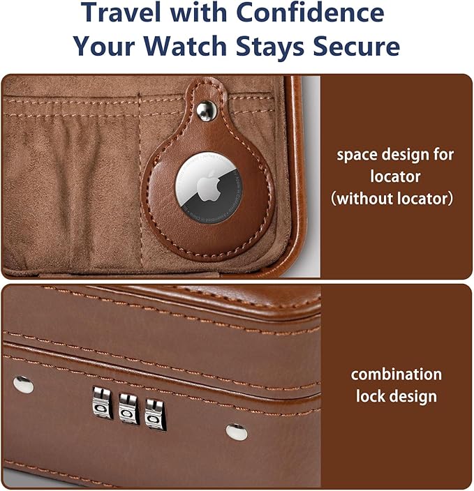 KAMIER Watch Travel Case with Combination Lock - 2 Watch Storage and Jewelry Organizer - Watch Case for Ring and Watch Storage, PU Leather Travel Watch Case, Ideal for Gift (With Gift Box) (Brown)