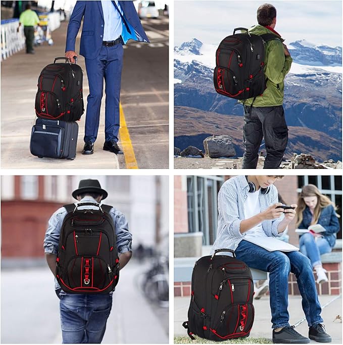 Laptop Backpack, Red, 55L Capacity, TSA Approved, RFID Anti-Theft, USB Charging Port, Headphone Hole, Back Luggage Strap, Chest Strap, Laptop Backpack