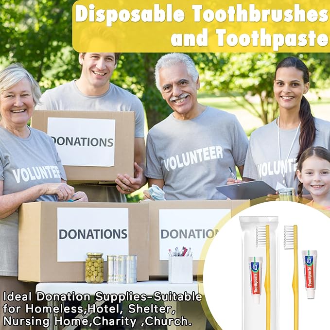 HOFASON Disposable Toothbrushes with Toothpaste Pack of 100, Yellow Hollow Travel Toothbrush Set with 5g Toothpaste Individually Wrapped Toothpaste Bulk for Homeless, Nursing Home, Shelter, Hotel