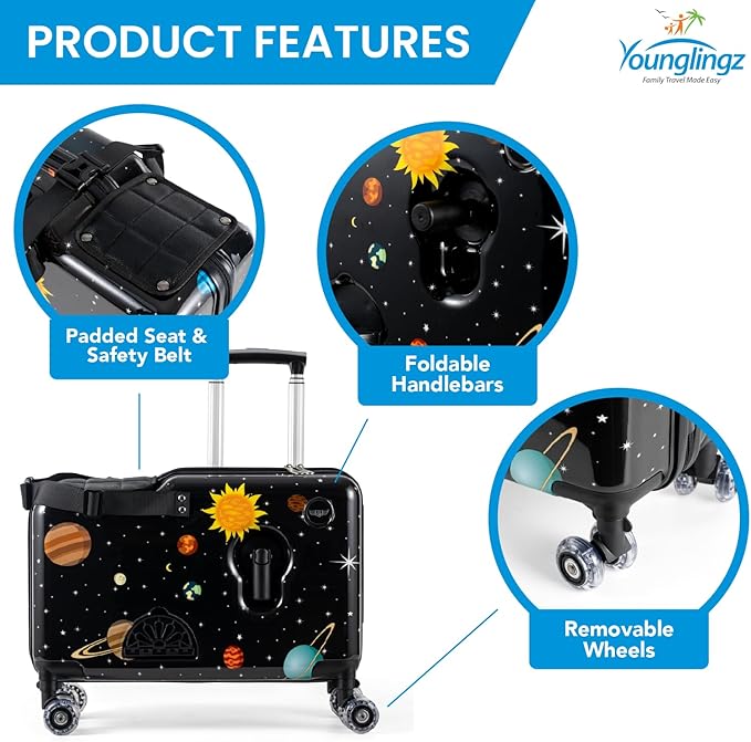 Younglingz LIL FLYER GO Version 2 Ride On Suitcase for Kids | Carry On Luggage with Toddler Seat, Foldable Handlebars, Pedals, and Removable Wheels | Holds up to 80 lbs | SPACE | Ages 2-6