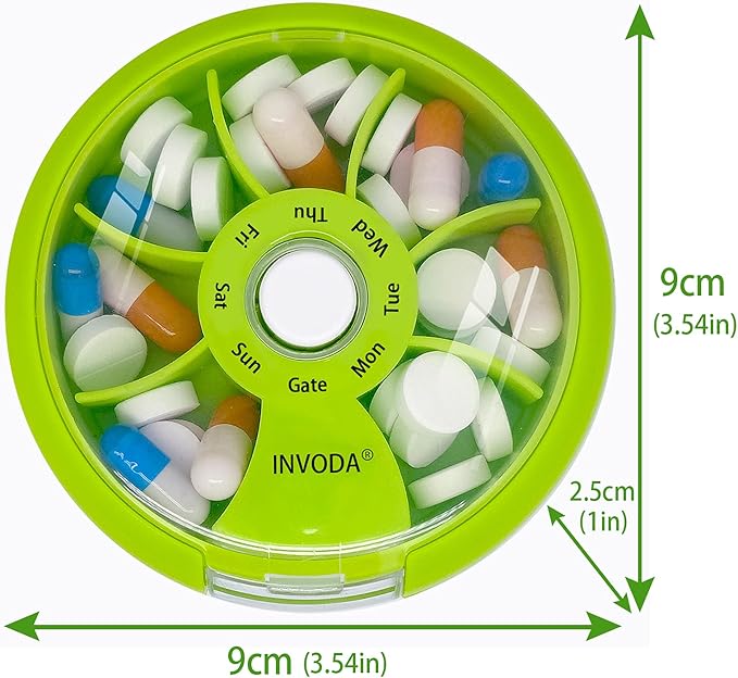INVODA Weekly Pill Organizer 7 Compartment Rotating Pill Box for Daily Medication & Vitamins - Portable Travel Pill Case Fish Oil Supplements Vitamins Organizer (Pink+Green)
