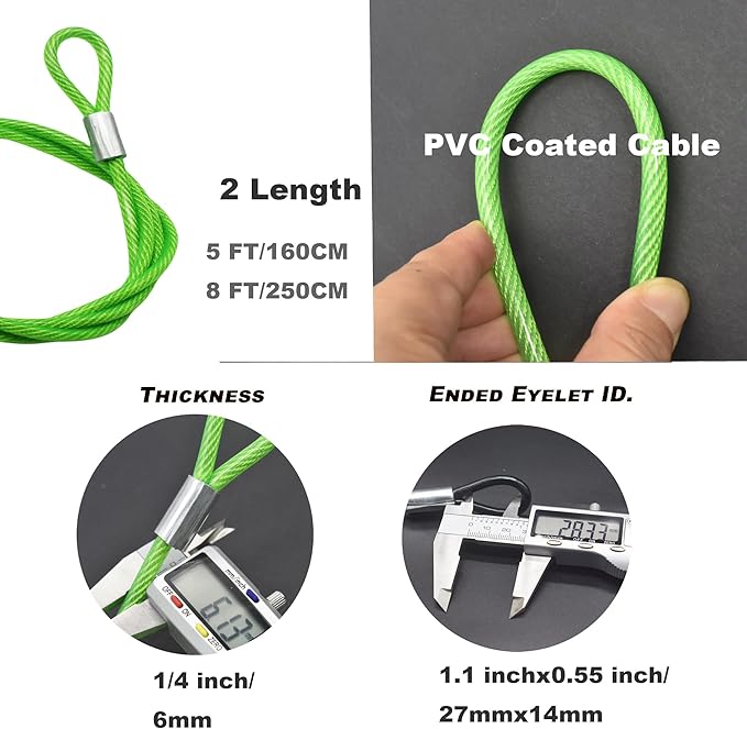 5FT 6mm Stainless Steel Security Cable Lock,Braided Steel Vinyl Coated Safety Cable Luggage Lock,Flexible Steel Cable Security Wire Rope Double Loop,Green