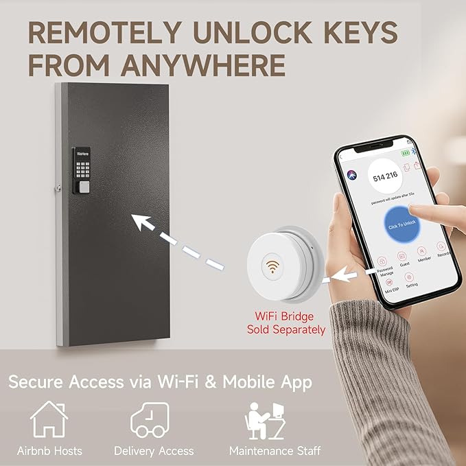 WeHere 120 Key Lock Box Wall Mount, APP Bluetooth/OTP/Wi-Fi/Fixed Code/Key Unlock, Smart Key Cabinet with Key Tag, Key Organizer Holder Box, Key Management Directory for Office, Valet, Realtor, Hotel