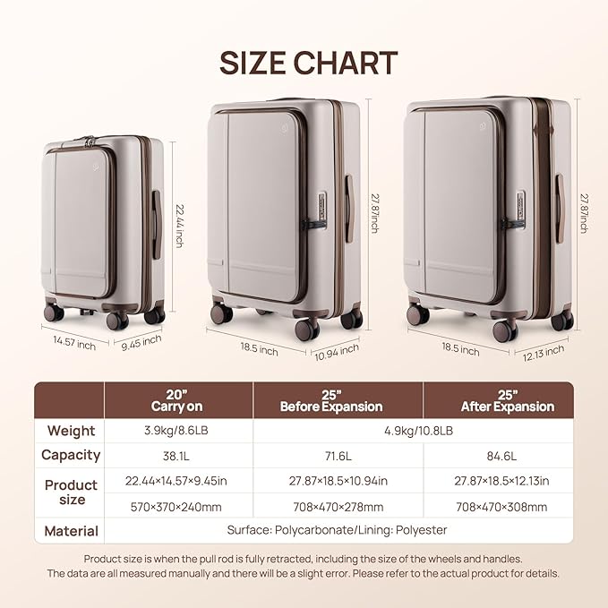 NINETYGO Carry On Luggage 22x14x9 Airline Approved, 20 Inch Suitcase with Front Compartment & Cup Holder, Coffee-Infused PC Hard Shell, Eco-Friendly, TSA Lock, 360° Spinner Wheels (Latte)