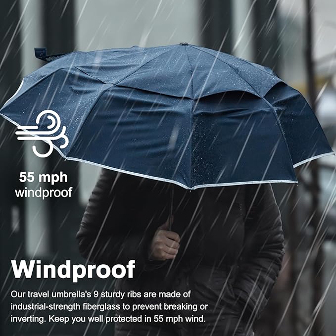G4Free 42 Inch Eco Windproof Folding Umbrella for Rain & Sun 9 Ribs Wind Resistant Strong Fiberglass Double Canopy with Reflective Strip for Women Men Auto Open Close For Car & Backpack