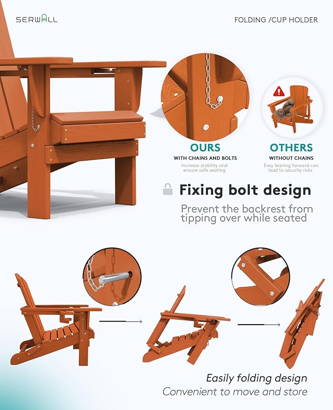 SERWALL Adirondack Chair with Cup Holders - Composite Adirondack Chairs Set of 4 HDPE Outdoor Chairs All Weather Use- Orange