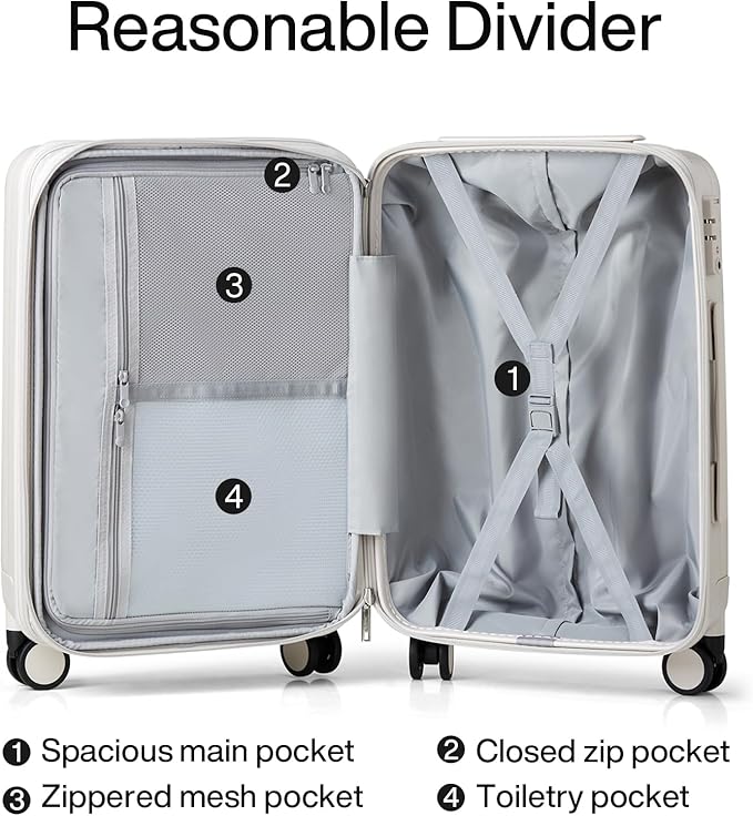 Hanke 20 Inch Expandable Carry on Luggage 22x14x9 Airline Approved Lightweight PC Hard Shell Suitcases with Wheels Travel Luggage Rolling Suitcase Travel Luggage Bag for Weekender(Ivory White)