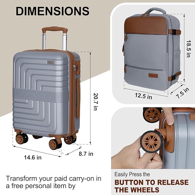 Romswi Luggage Sets 2 Piece, Expandable Carry On Luggage 20In with Travel Backpack, PC+ABS Hardside Suitcase Set with TSA Lock, Durable Carry On Suitcase with Spinner Wheels Silver