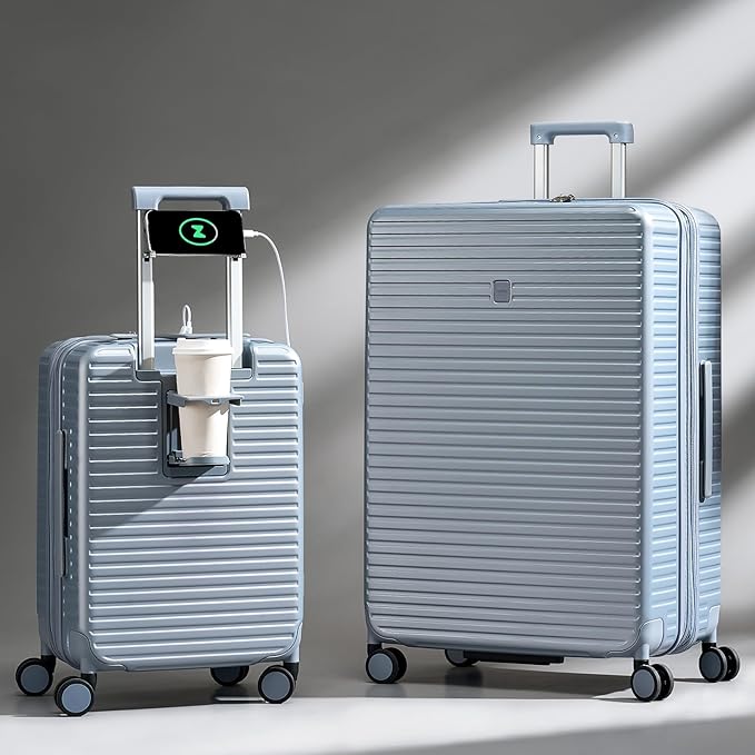 28 Inch Luggage Hard Shell Suitcases, Expandable Travel Checked Luggage 28 Inch, Large Check In Luggage with Spinner Wheels Cup Holder Charger Built in Lightweight Suitcase, Caribbean Blue