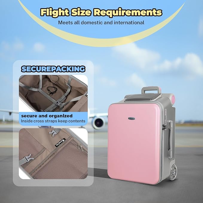 FAHKNS Children's Ride-On Suitcase,Kids Carry on Luggage with Wheels,Rolling Travel Luggage With Kids Seat for Airplane，2-in-1 Case & Baby Stroller,Pink
