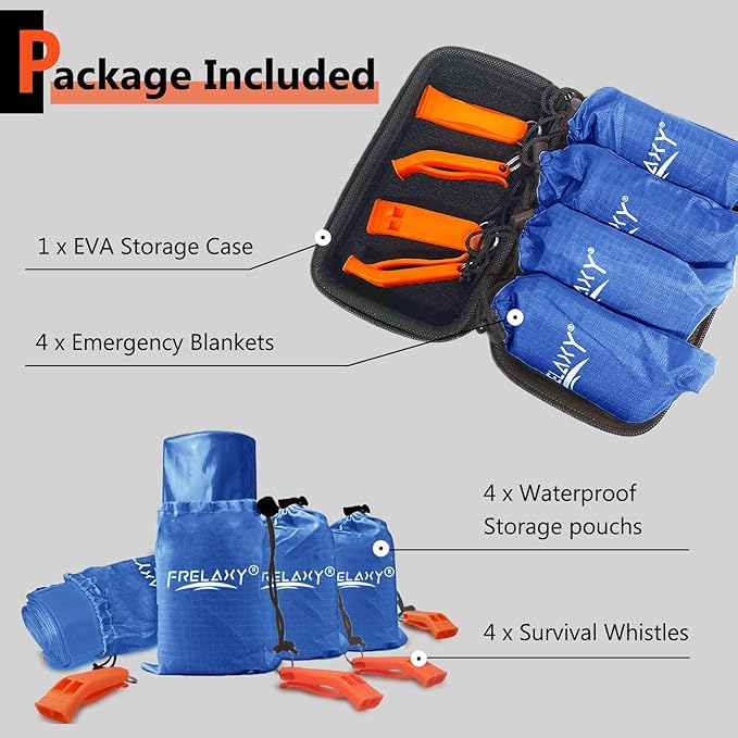 Frelaxy Emergency Blanket 2-Pack/4-Pack, Extra-Thick Extra-Large Space Blankets with Whistles, Storage Pouchs, and EVA case
