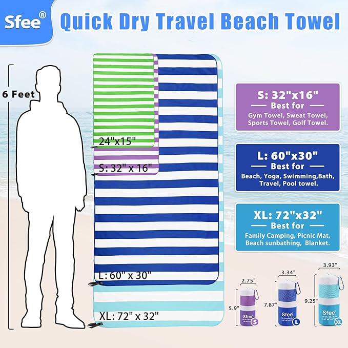 Sfee 4 Pack(8Pcs) Microfiber Travel Towel, Beach Towel Quick Dry Towel Camping Towel Super Absorbent Compact Lightweight Sports Towel Gym Towel for Beach, Gym, Hiking, Pool, Backpacking, Bath, Yoga