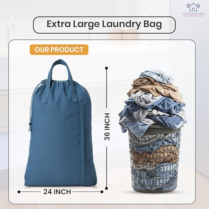 LFH Home Cotton Canvas Large Laundry Bag with Handle, Heavy Duty Drawstring Closure Washable Laundry Bags, School Travel, Home, Hotel, College Dorm, Organizer Sack, Toys Clothes 24x36-Sky Blue