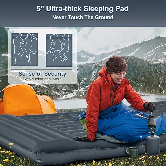 Double Sleeping Pad Camping, Self Inflating 6'' Extra-Thick 2 Person Pillow Built-in Foot Pump Waterproof Inflatable Sleeping Mat Backpacking, Tent, Hiking, Portable Camping Pad (Light Gray)