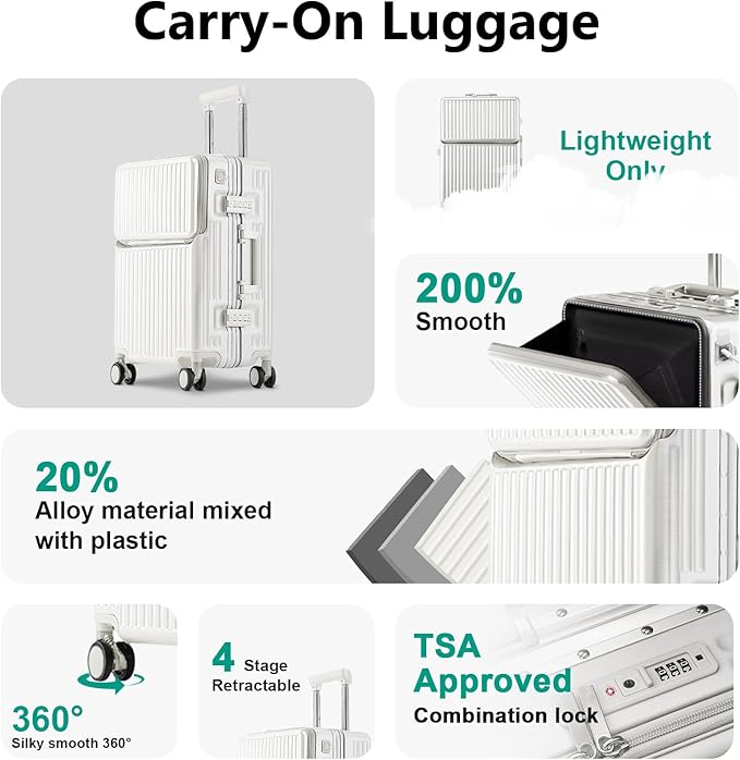 Hard Shell Luggage 24 Inch Travel Luggage, Carry-On Luggage Spinner TSA with Lid, PC+ABS Aluminum Frame，Lightweight Travel Luggage 20'' 24'' 26''Carry-On (upgraded white, 24 inch)