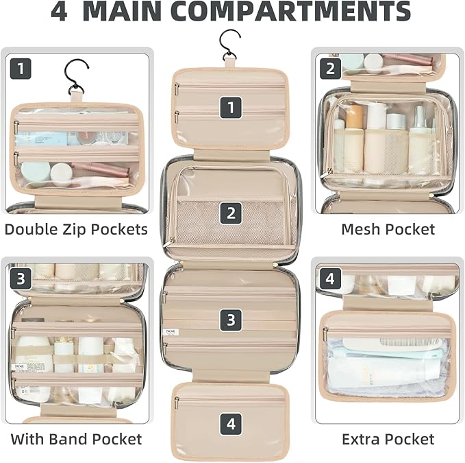 BAGAIL Hanging Toiletry Bag for Women Water-resistant Cosmetic Bag Large Capacity Travel Makeup Organizer for Full-Sized Travel Essentials(Classic+Jewelry Bag, Grey)