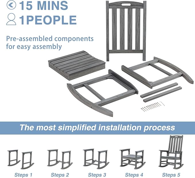Psilvam Outdoor Rocking Chair, Poly Lumber Oversized Rocking Chair with 21" Wide Seat and 32" Tall Backrest, Pre-Assembled with Most Components for Effortless Installation(Dark Gray)