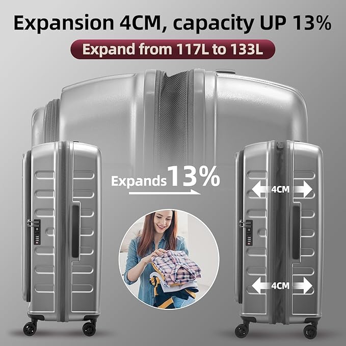 29 Inch Luggage with Expansion & Side Opening Design, 50 * 31(35)*76cm, 117L~133L Ligthweight ABS+PC Hardshell Checked Suitcase, Gray