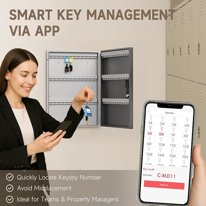 72 Key Cabinet Organizer,Metal Key Lock Box Wall Mount use OTP Technology Unlock,Fixed Password/Bluetooth Unlock, App Remotely Generates Pin Codes Without Internet,Great for Key Hook & Storage