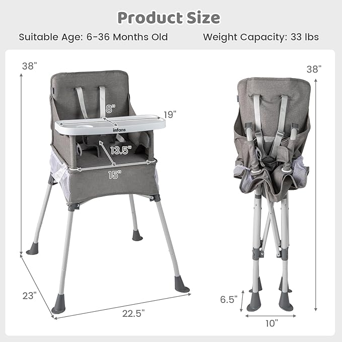 INFANS Baby High Chair, Foldable Portable Highchair for Babies and Toddlers with Travel Bag Adjustable Tray, 5 Point Harness, Compact Space Saver Infant Feeding Chair for Age 6-36 Months (Grey)