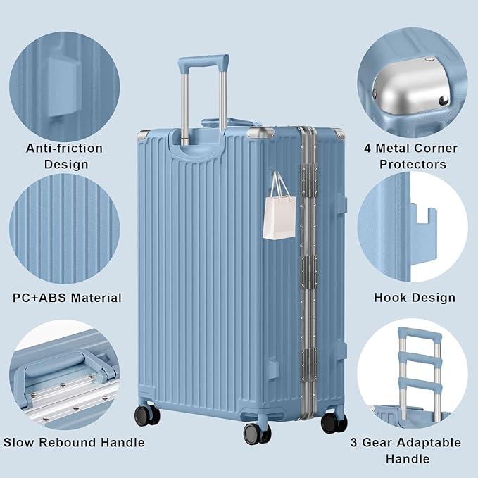 AnyZip Luggage PC+ABS Aluminum Frame Zipperless Checked Luggage Hard Shell Suitcase with TSA Lock Double Spinner Wheels 24 Inch Haze Blue