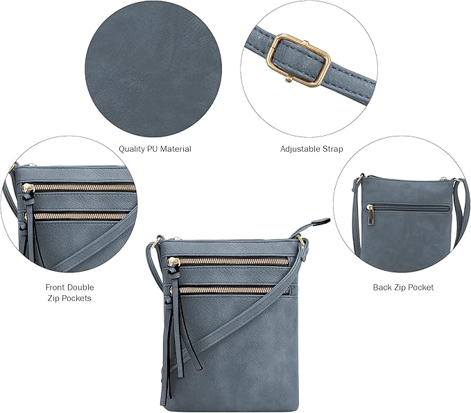 DELUXITY | Crossbody Purse Bag | Functional Multi Pocket Double Zipper Purse | Adjustable Strap | Medium Size Purse |Dark Blue
