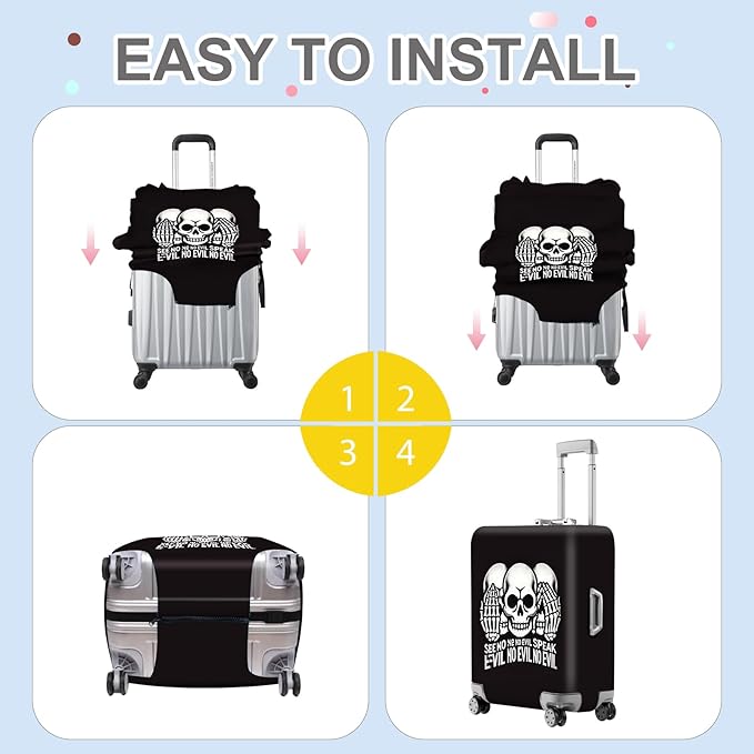 ANNA QUEEN Gothic Skull Luggage Cover, “See No Evil, Hear No Evil, Speak No Evil” Skeleton Design, Stretchable, Washable Suitcase Protector for 32-34 Inch Travel Suitcases