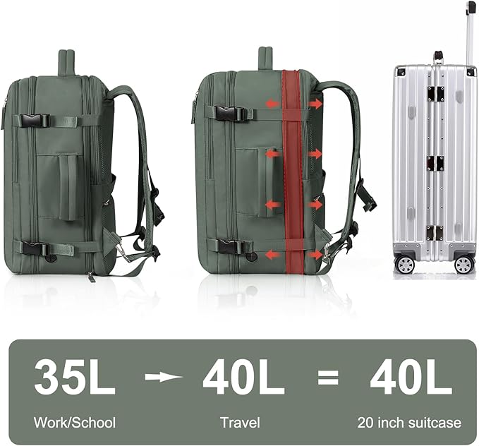 Hanples Extra Large Travel Backpack for Women as Person Item Flight Approved, 40L Carry On Backpack, 17 Inch Laptop Waterproof Hiking Casual Bag(Olive Green)
