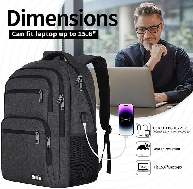 Backpck for Men Women, School Backpack for Boys Teens, 15.6 inch Laptop Back Pack with USB Charger Port, Bookbag with USB Charger for College High Middle School Travel Business Work Mochilas Black