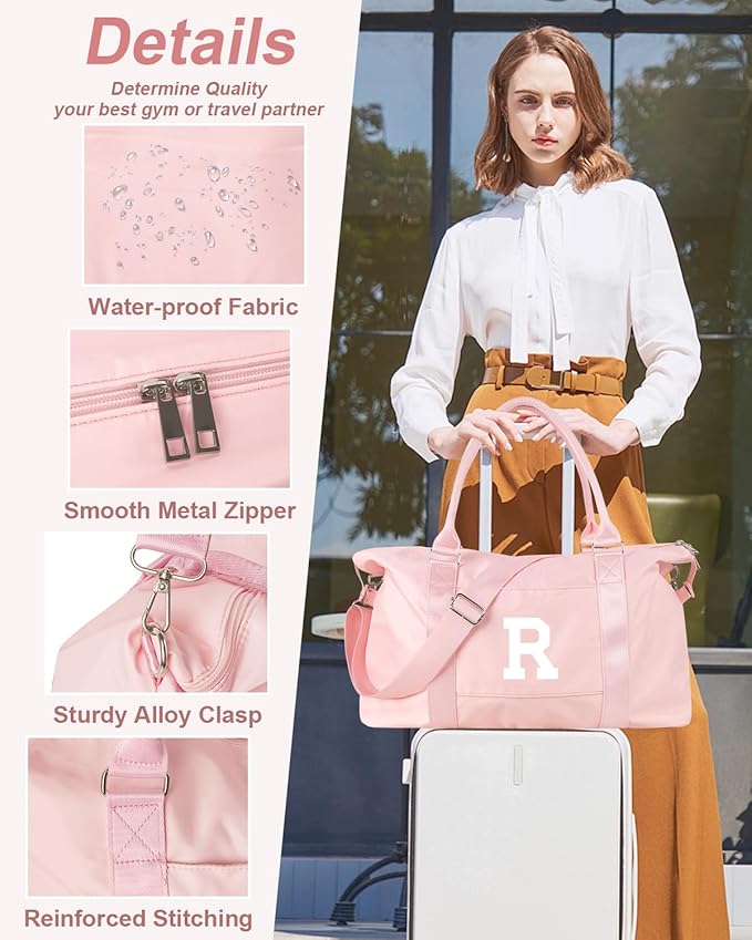 Initial Travel Duffel Bag Sports Gym Bag for Girls Teen Birthday Gifts,Pink Personalized Weekender Bag Carry On Tote Bags for Women Men,Waterproof Overnight Luggage Bag with Trolley Sleeve(Letter R)