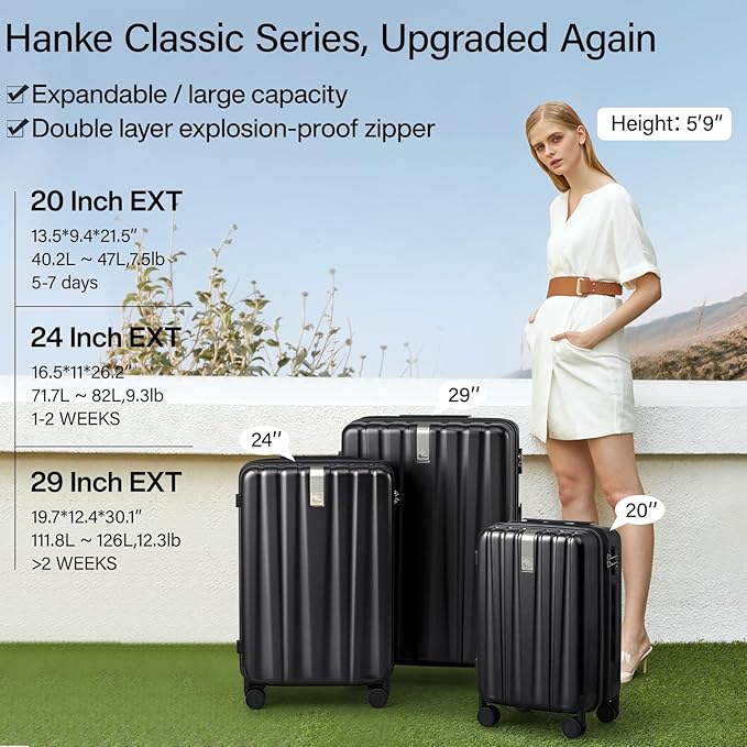 Hanke Expandable Hard Shell Luggage Sets 2 piece Carry on Luggage with Wheels Suitcases Lightweight Checked Travel Luggage Rolling Large Suitcase Travel Luggage Bag Woman Men 20/29 Inch(Jet Black)