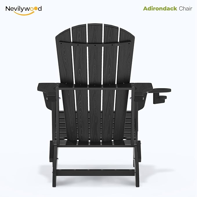 Folding Adirondack Chair, Ergonomic Extended Backrest, HDPE All-Weather, 400lbs Capacity, Maintenance-Free, Cup Holder, （Black）- Outdoor Patio & Firepit Chair
