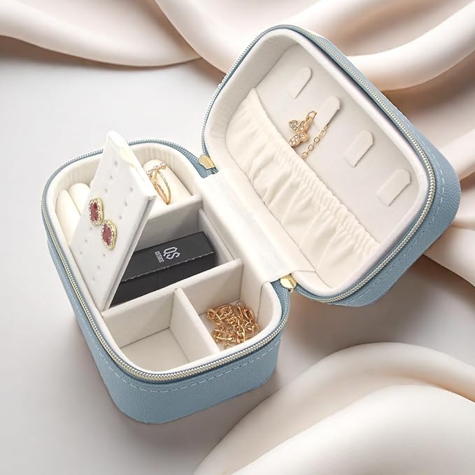 Travel Jewelry Case Bulk Of 2 For Women Weekend,Gold Zip, PU Leather Compact Jewelry Organizer For Earring Bracelets Blue Travel Jewelry Box Set Perfect For Small Bridesmaid Jewelry Box Gift
