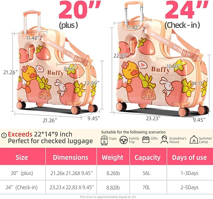 Kids' Lightweight Ride on Luggage with Spinner Wheels & Foldabe Design (Pink Strawberry, 24"+ Aged 3-12 Toddler)