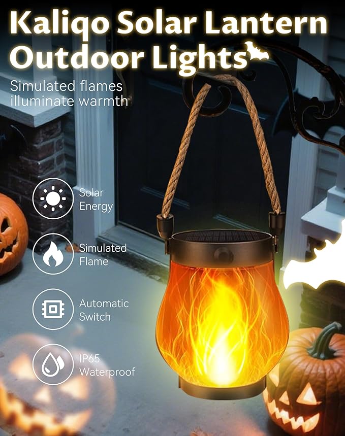 Kaliqo Solar Lantern Outdoor Lights - Official, Waterproof Kaliqo Solar Flame Lights Hangable with Dancing Flame, Hemp Rope Hanging Flame Lanterns,Dual Charging Modes, Smokeless (5pack)