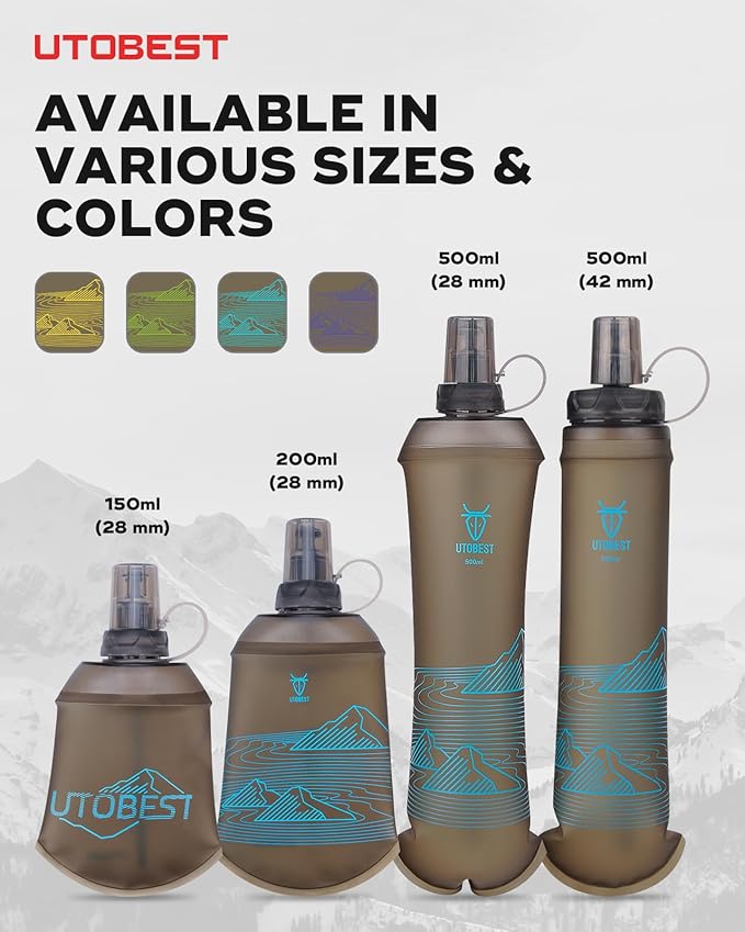 UTOBEST 500ml Soft Flask, 2 Pack Flexible TPU Hydration Water Bottle, Collapsible with 28mm Caliber for Running, Hiking, Cycling, Climbing, and Marathon Blue