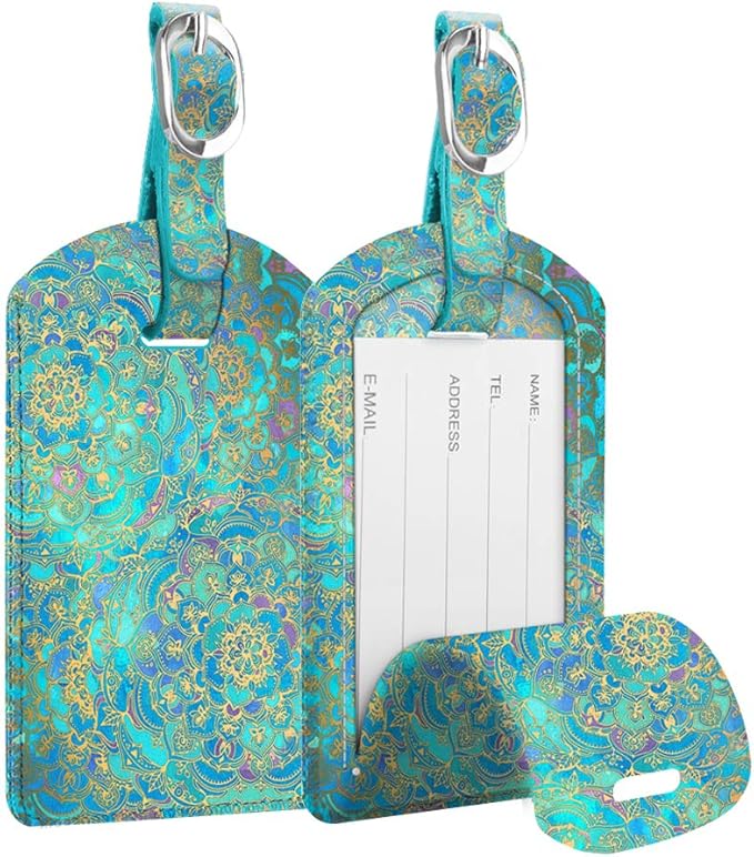 FINTIE 2 Pack Luggage Tags, Leather Name ID Labels with Privacy Cover for Travel Bag Suitcase, Theme - Shades of Blue