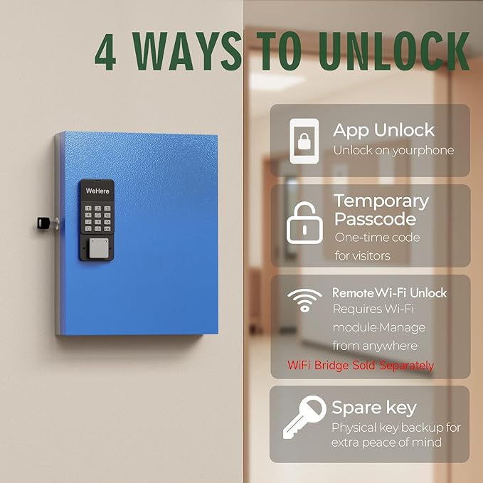 WeHere 32 Key Lock Box Wall Mount, APP Bluetooth/One Time Password Share/Wi-Fi Remote/Fixed Code/Key Unlock, Smart Key Cabinet, Key Organizer Box for Apartment, Home, Office, School Key Manage